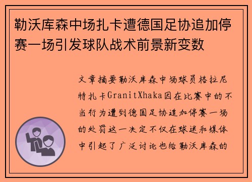 勒沃库森中场扎卡遭德国足协追加停赛一场引发球队战术前景新变数