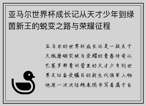 亚马尔世界杯成长记从天才少年到绿茵新王的蜕变之路与荣耀征程